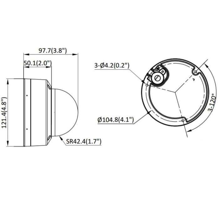 Rysunek techniczny kamery kopułkowej Hikvision 4Mpx